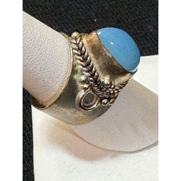 Vintage Sterling Silver & Aqua Chalcedony Ring With Braided Detail Size 9 - Picture 6 of 8